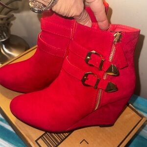 Forever Red Ankle Boots with Gold Accents
